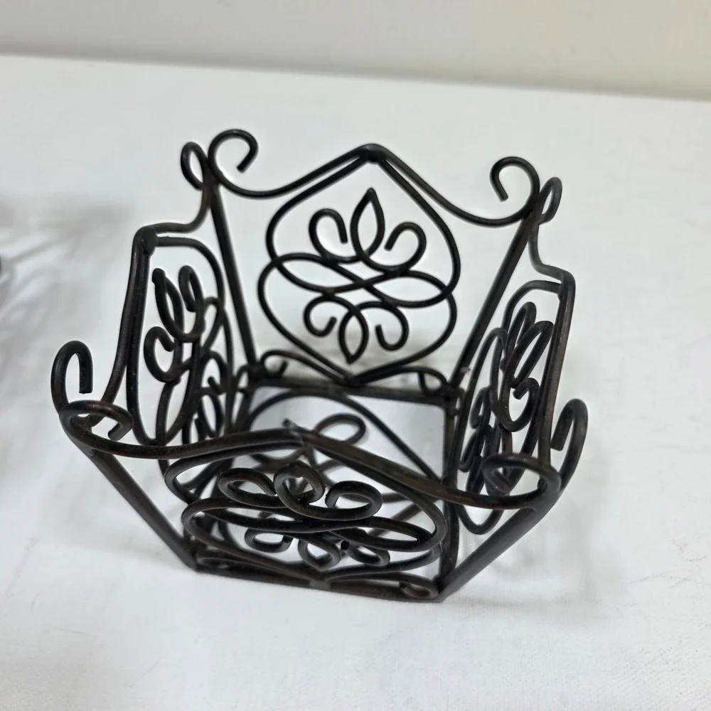 Wire Basket Farmhouse Set S/M Brown Scrollwork Wrought Iron Decor Chic Storage